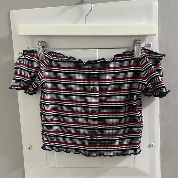 Trendy Off-Shoulder Striped Button Top - Picture 1 of 2